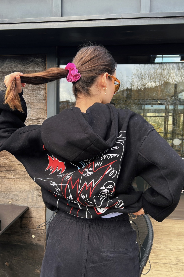 Black Printed Oversize Hooded Sweat ATE3071 - EYYO