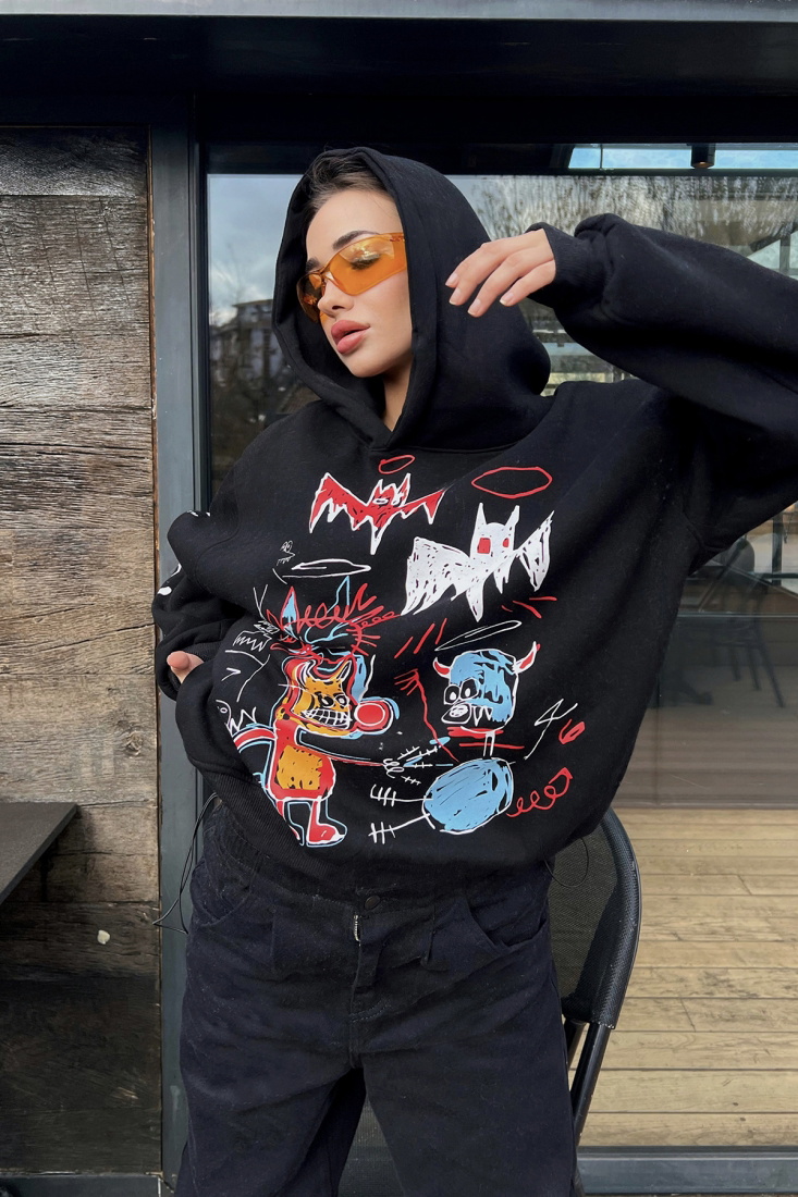 Black Printed Oversize Hooded Sweat ATE3071 - EYYO