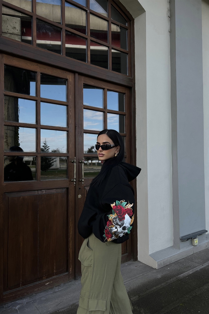 Black Printed-Sleeved Hooded Sweat ATE2508 - EYYO