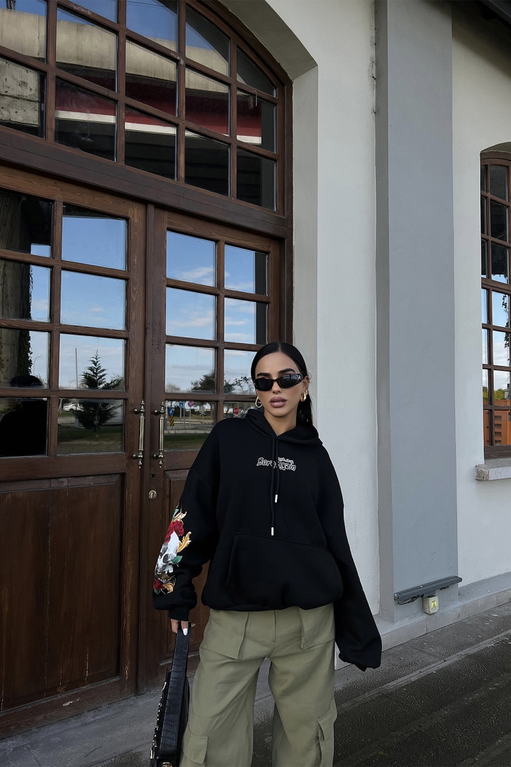 Black Printed-Sleeved Hooded Sweat ATE2508 - EYYO