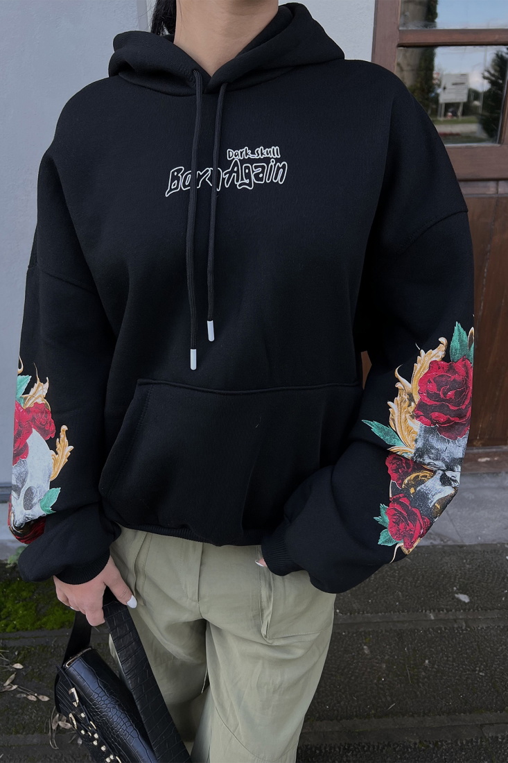 Black Printed-Sleeved Hooded Sweat ATE2508 - EYYO