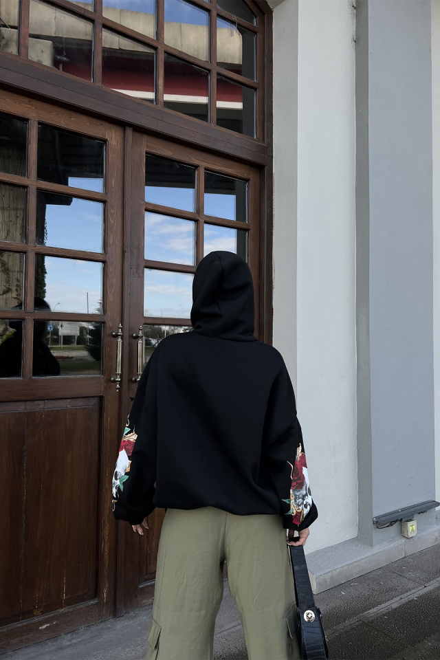 Black Printed-Sleeved Hooded Sweat ATE2508 - 5