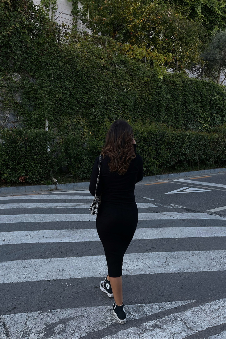 Black Ribbed Maxi Dress ATE1985 - İHRACAT