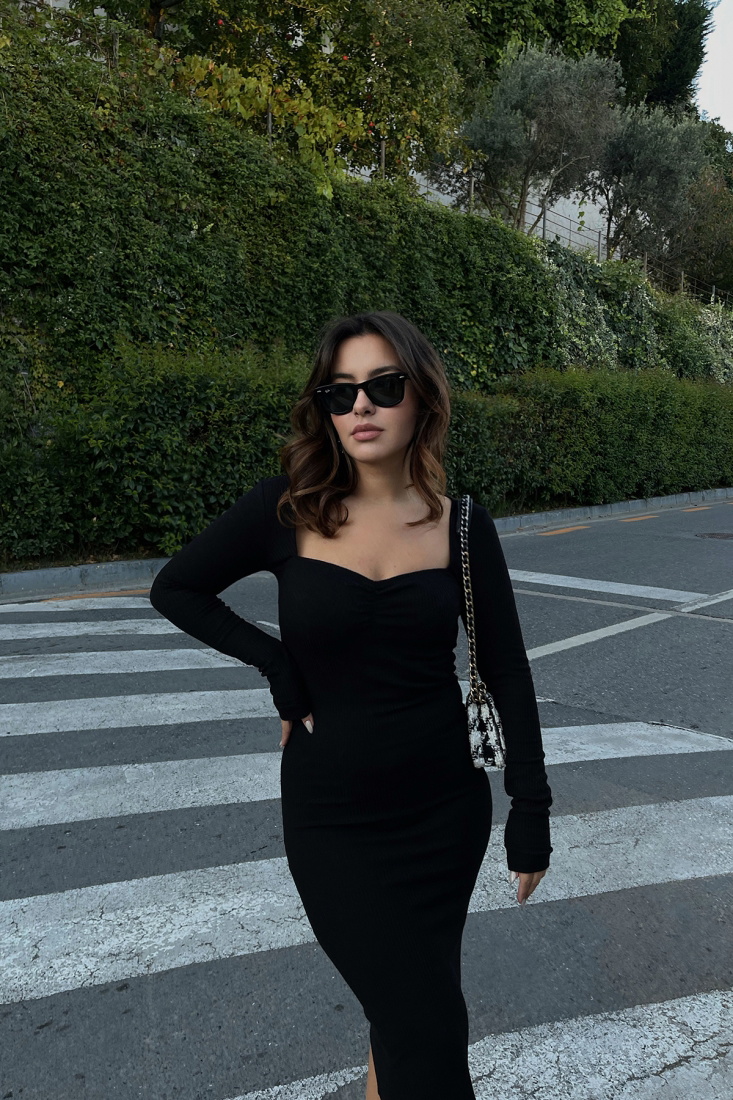 Black Ribbed Maxi Dress ATE1985 - İHRACAT