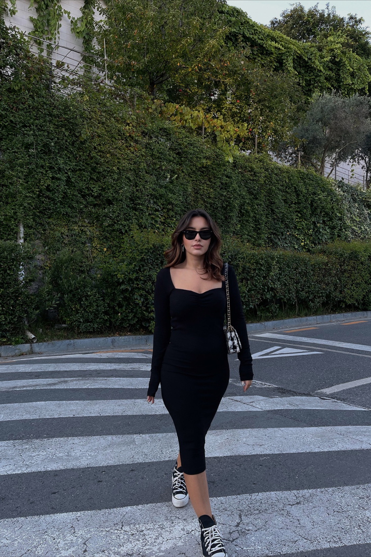 Black Ribbed Maxi Dress ATE1985 - İHRACAT