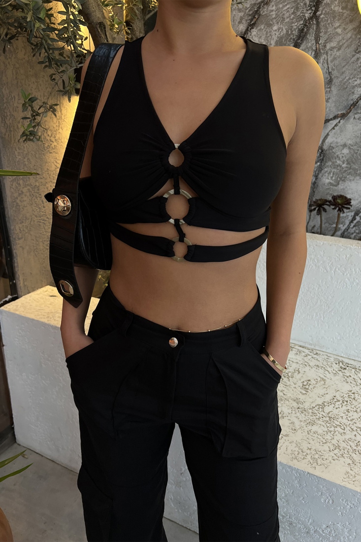 Black Ring Detail Crop Top ATE2143 - DEPPOT