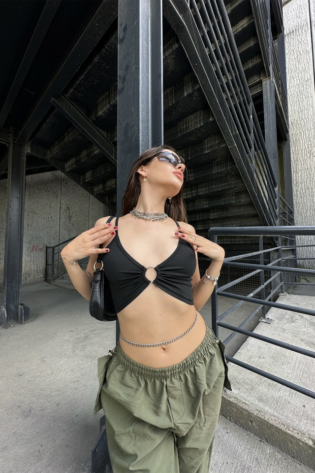 Black Ring Detail Crop Top ATE7158 - 5