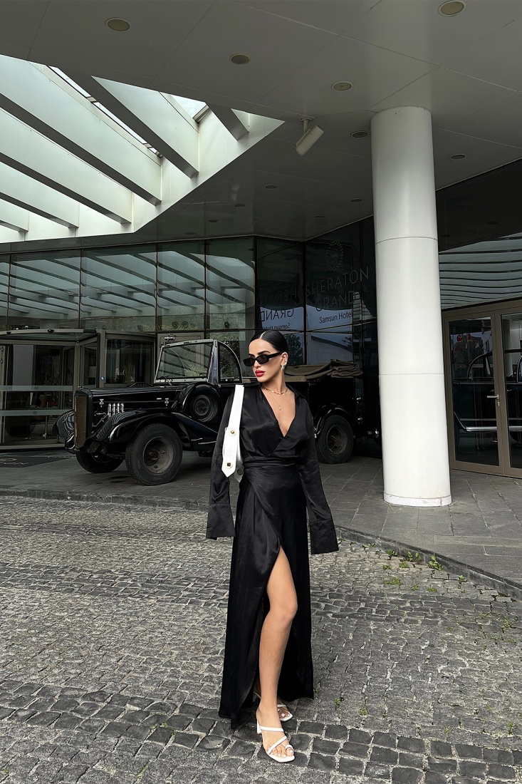 Black Sateen Shirt Collar Dress ATE2193 - EYYO