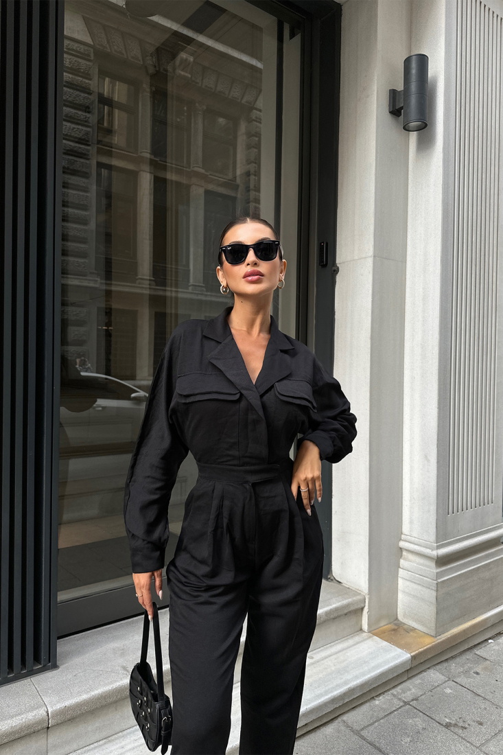 Black Shirt Collar Basic Overalls ATE7119 - DEPPOT