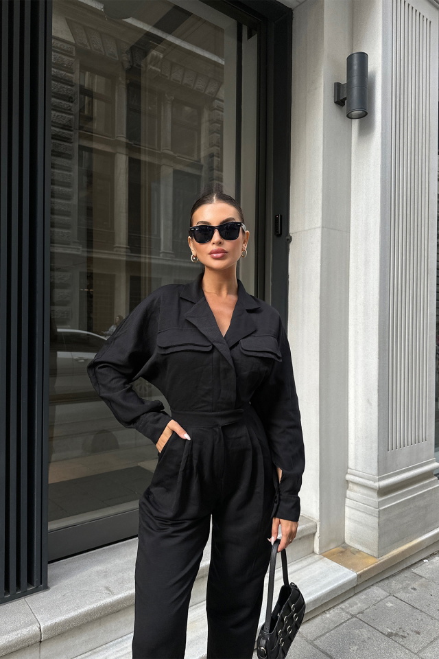 Black Shirt Collar Basic Overalls ATE7119 - 4
