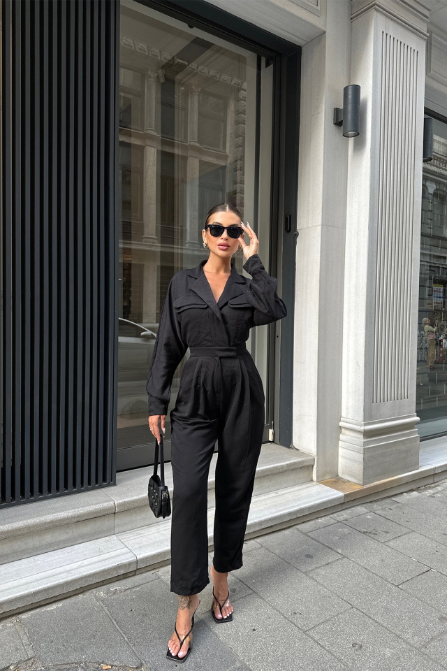 Black Shirt Collar Basic Overalls ATE7119 - 5