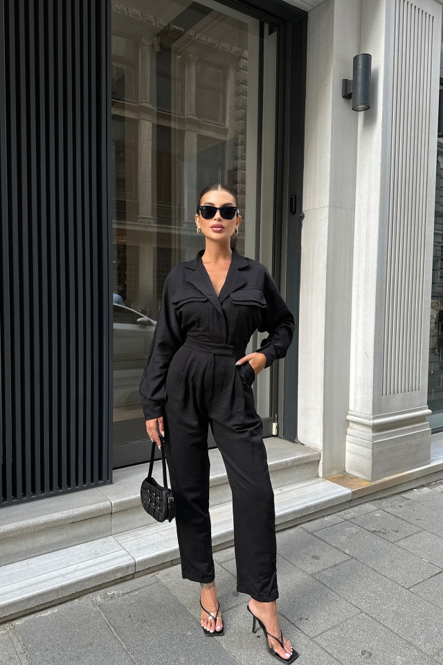 Black Shirt Collar Basic Overalls ATE7119 - 1