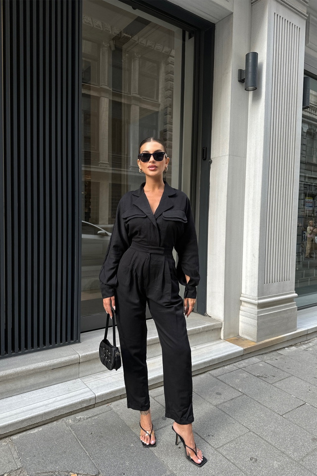 Black Shirt Collar Basic Overalls ATE7119 - 3
