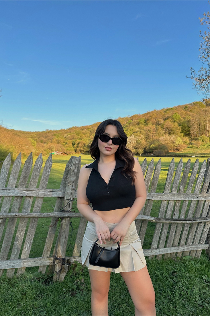 Black Shirt Collar Crop Top ATE5333 - gecce