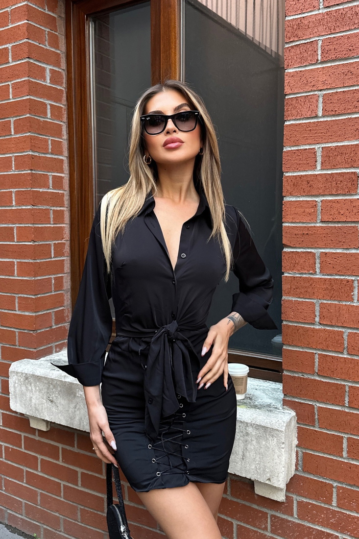 Black Shirt Collar Laced Mini Dress ATE5289 - EYYO
