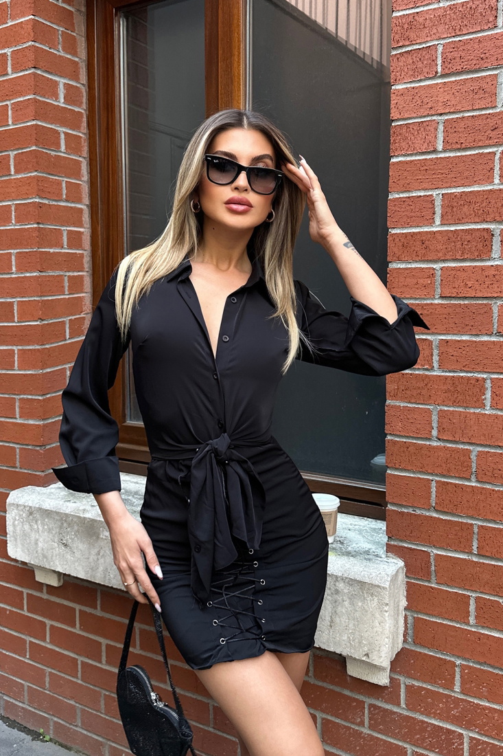 Black Shirt Collar Laced Mini Dress ATE5289 - EYYO