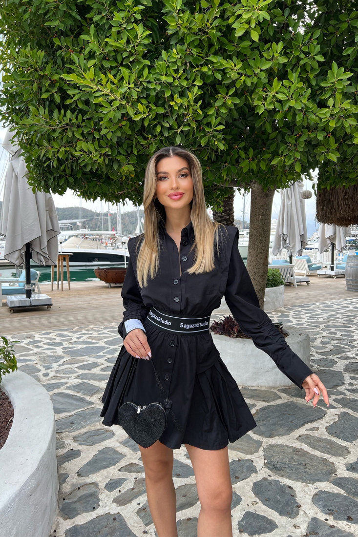 Black Shirt Collar Mini Dress ATE4337 - EYYO