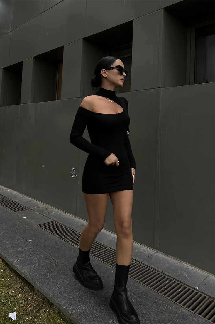 Black Shoulder Detail Dress ATE2132 - gecce