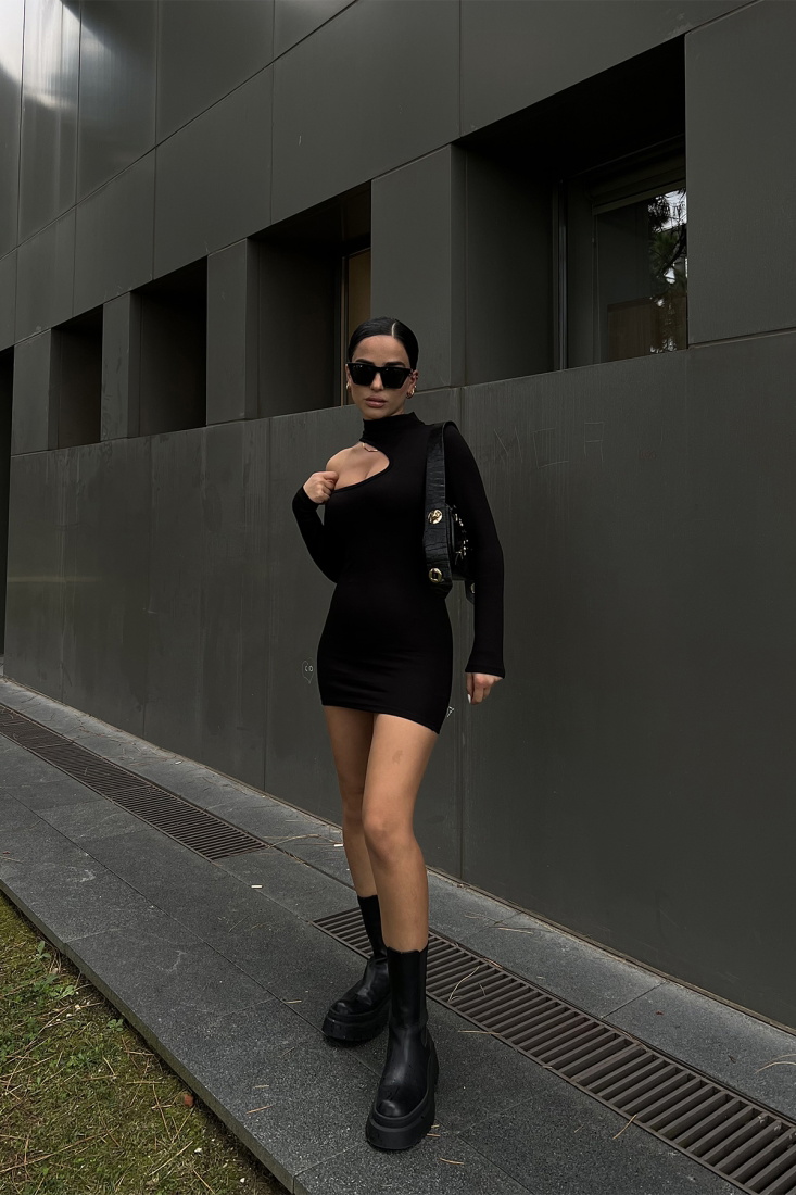 Black Shoulder Detail Dress ATE2132 - gecce