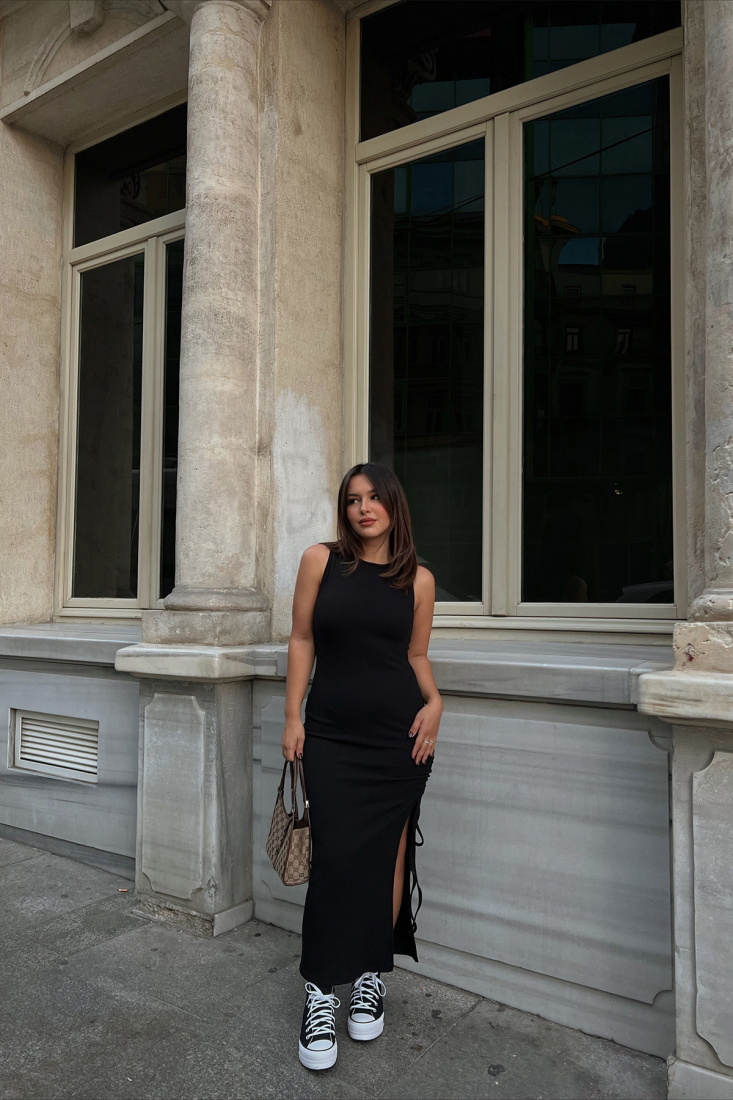 Black Slit Detail Dress ATE2197 - EYYO