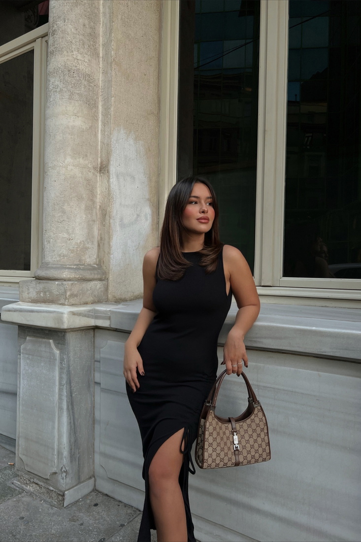 Black Slit Detail Dress ATE2197 - EYYO