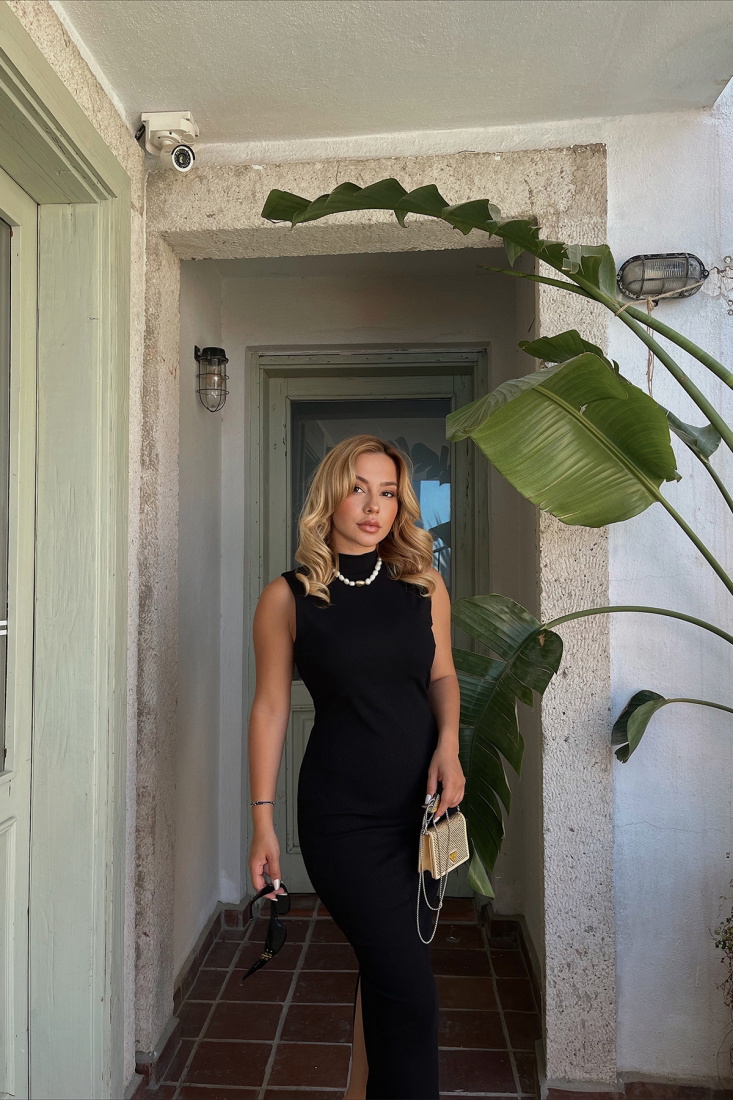 Black Slit Detail Maxi Dress ATE1821 - İHRACAT