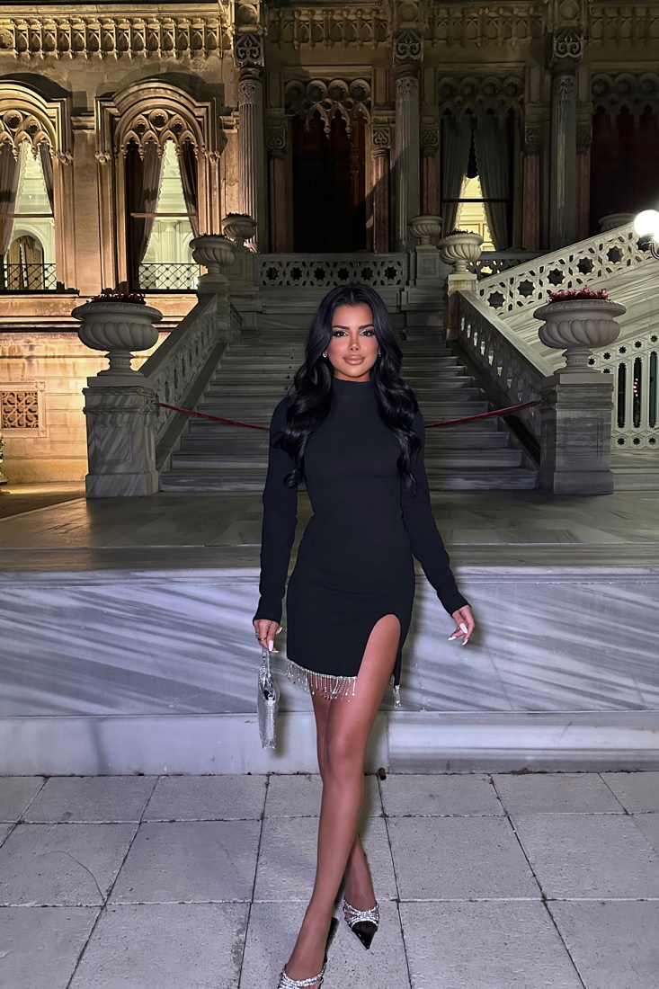 Black Slit Detail Mini Dress ATE3015 - EYYO