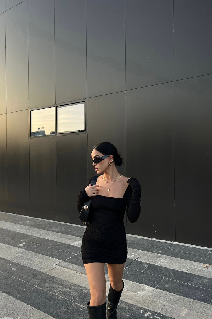 Black Square Collar Gathered Dress ATE2379 - EYYO