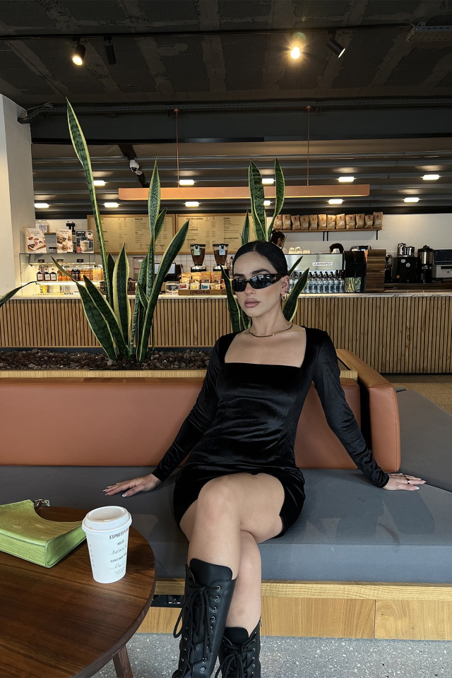 Black Square Collar Mini Dress ATE2567 - 4