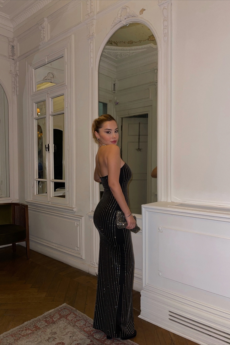 Black Strapless Stoned Long Dress ATE3053 - EYYO