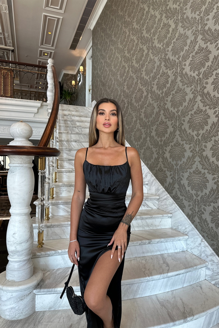 Black Strapped Deep Slit Dress ATE7131 - EYYO