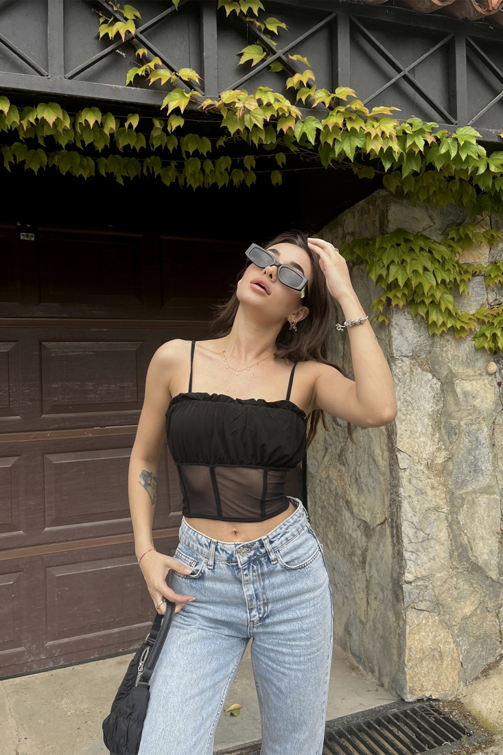 Black Strapped Tulle Detail Crop Top ATE6689 - gecce