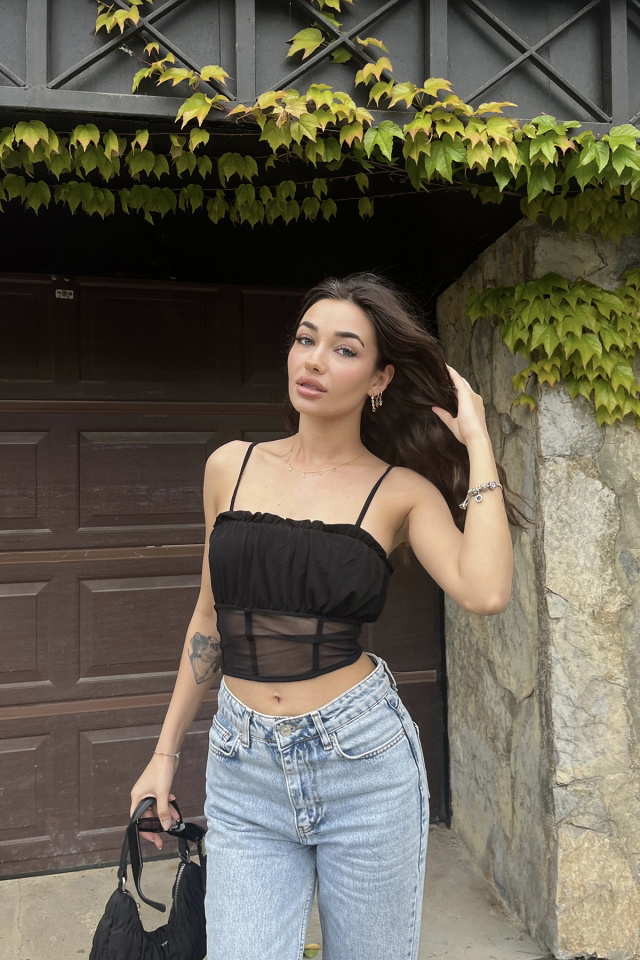 Black Strapped Tulle Detail Crop Top ATE6689 - 3