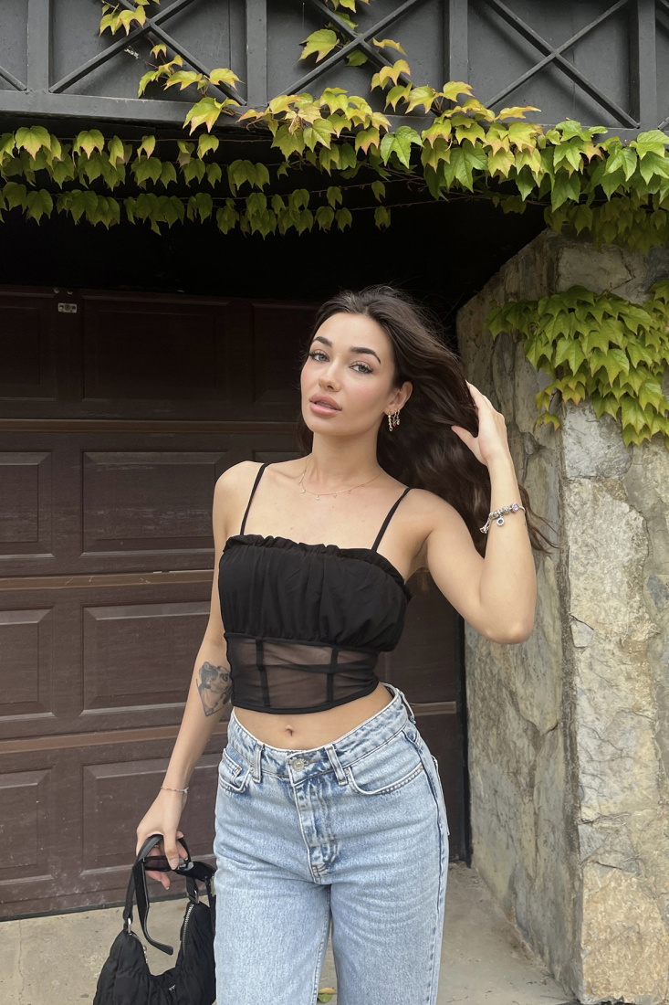 Black Strapped Tulle Detail Crop Top ATE6689 - gecce