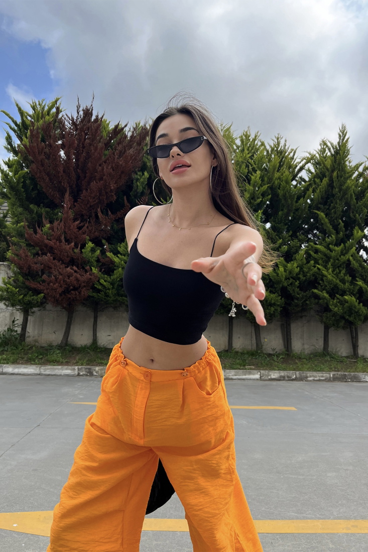 Black Thin Strapped Crop Top ATE6704 - KARABAY