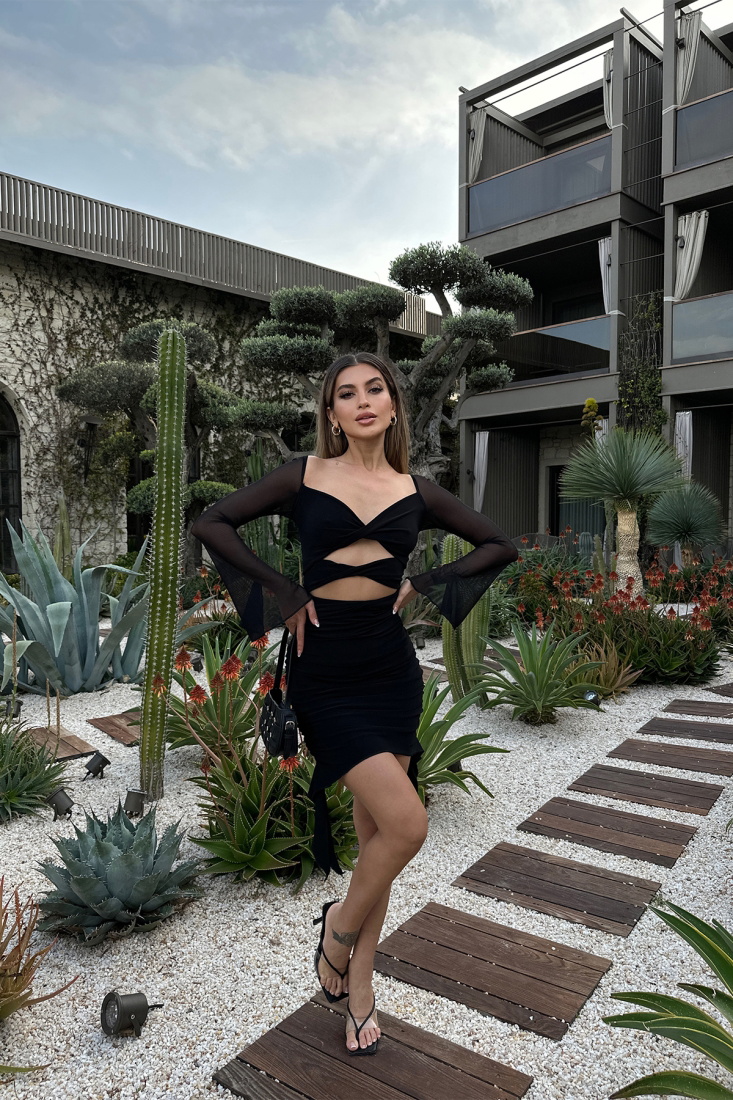 Black Transperant Sleeve Mini Dress ATE6117 - EYYO