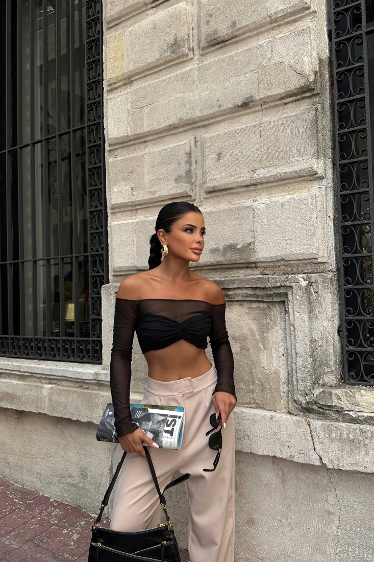 Black Tulle Detail Crop Top ATE6650 - EYYO ATELIER