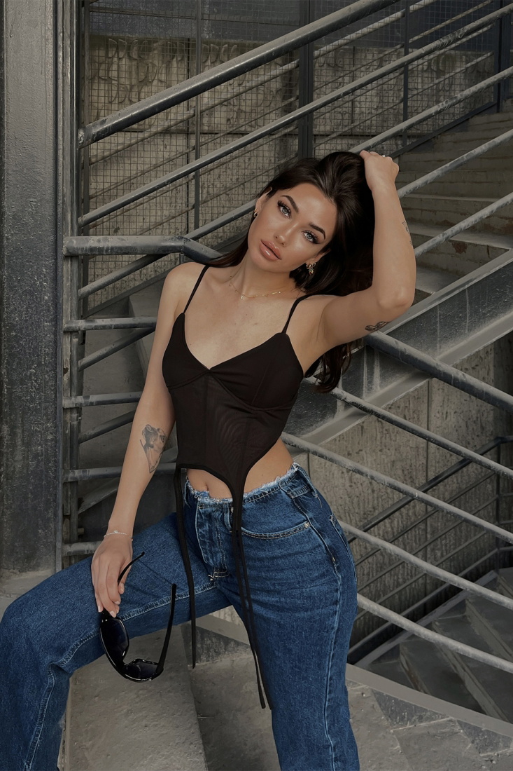 Black Tulle Detail Strapped Crop Top ATE4312 - DEPPOT