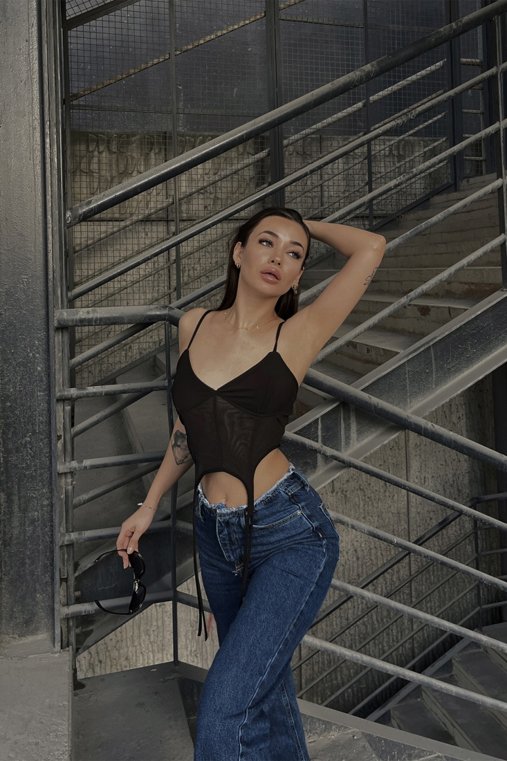 Black Tulle Detail Strapped Crop Top ATE4312 - DEPPOT