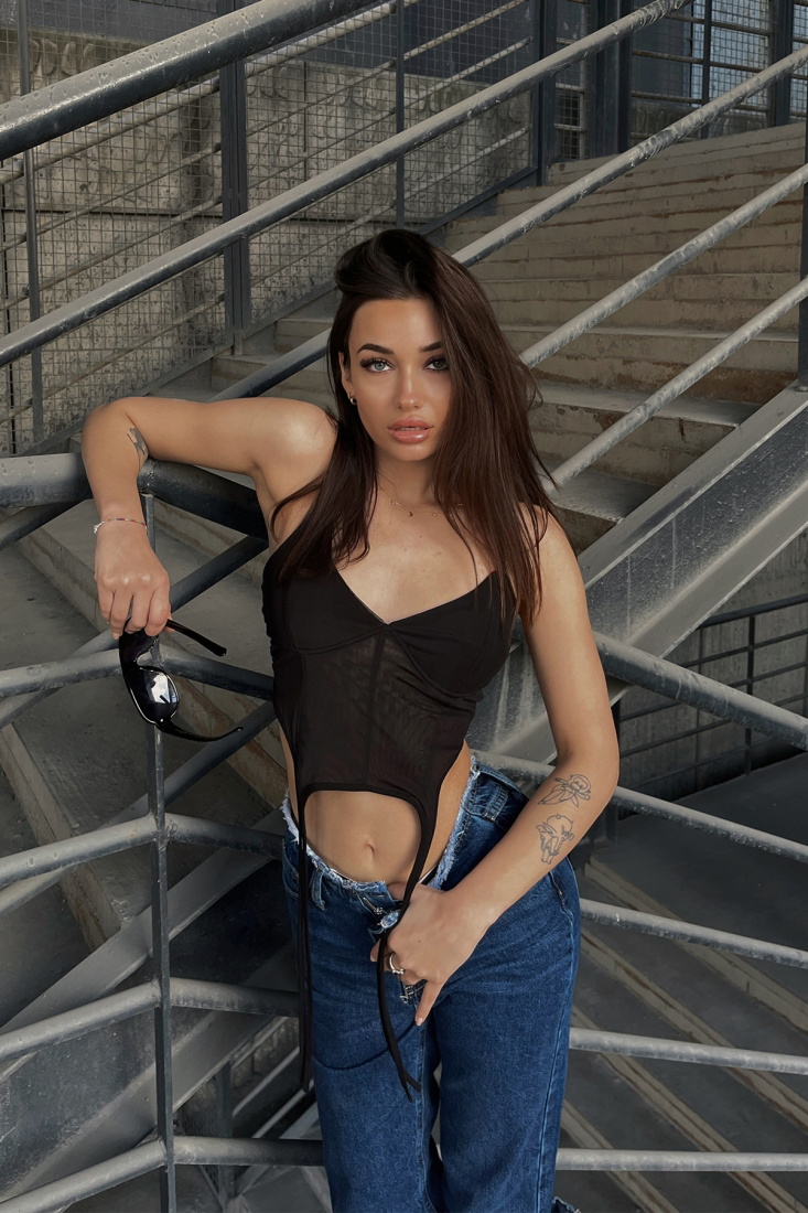 Black Tulle Detail Strapped Crop Top ATE4312 - DEPPOT