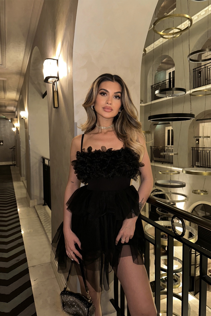 Black Tulle Detail Strapped Dress ATE6238 - EYYO