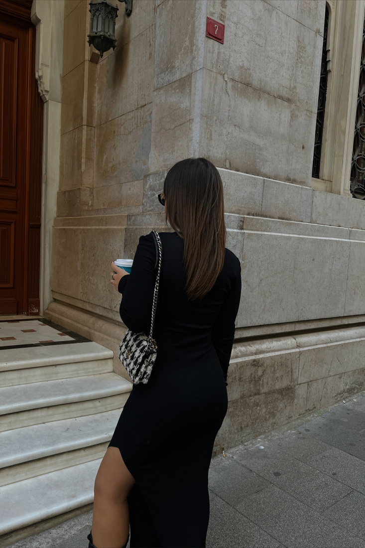 Black V Collar Slit Detail Dress ATE2254 - EYYO