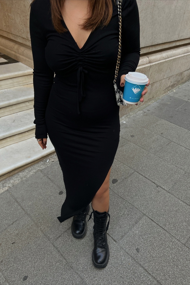 Black V Collar Slit Detail Dress ATE2254 - 2