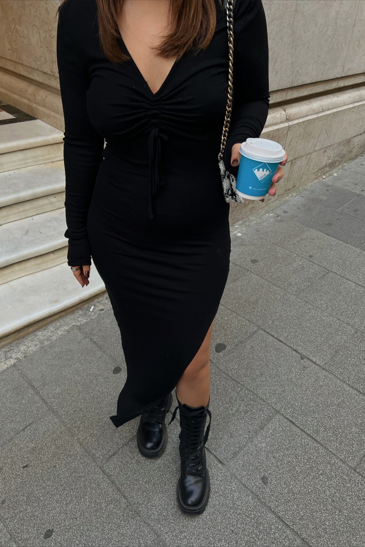 Black V Collar Slit Detail Dress ATE2254 - EYYO