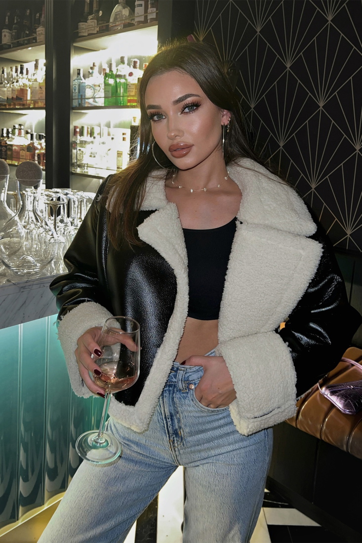 Black Wool Detail Leather Biker Jacket ATE2789 - EYYO