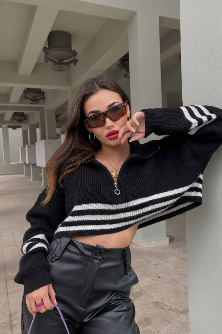 Black Zipper Detail Crop Sweater ATE2851 - EYYO