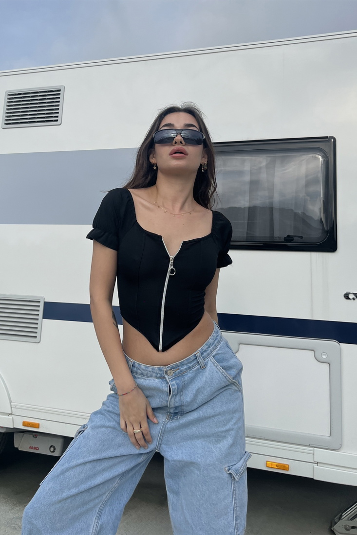 Black Zipper Detail Crop Top ATE6682 - gecce