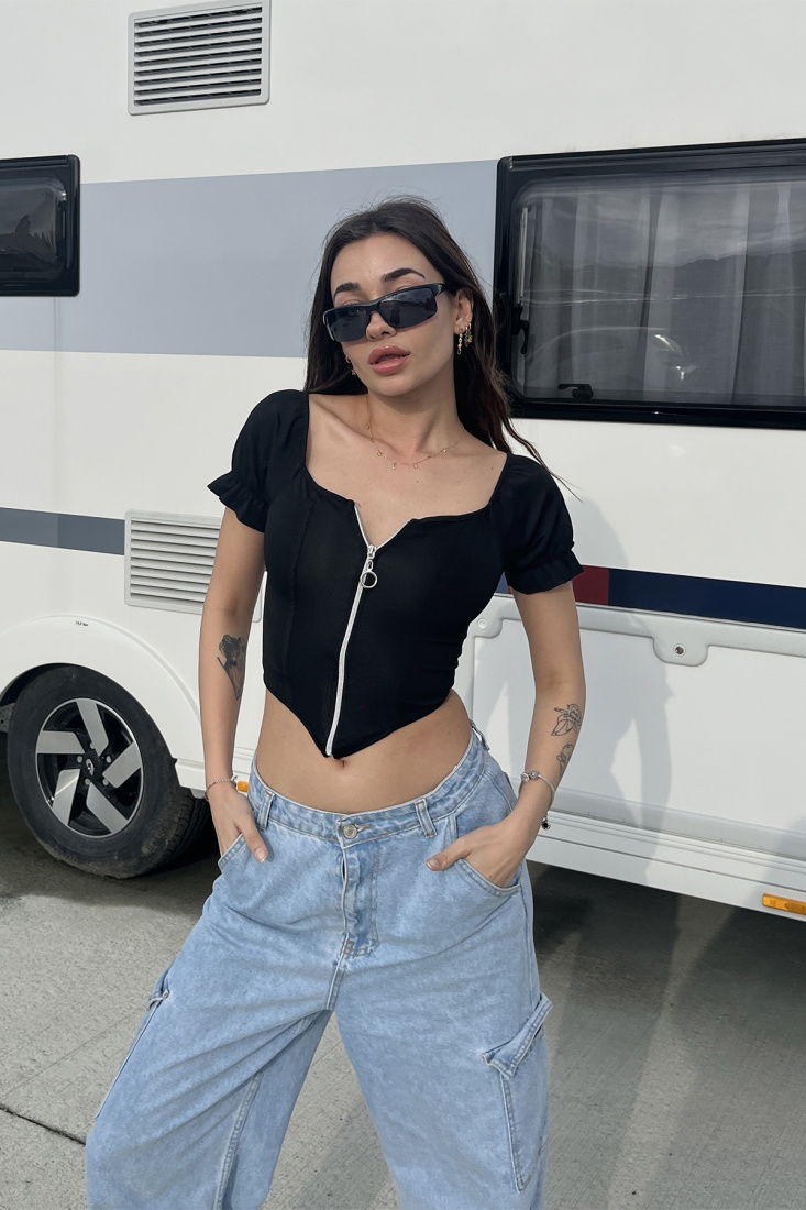 Black Zipper Detail Crop Top ATE6682 - gecce