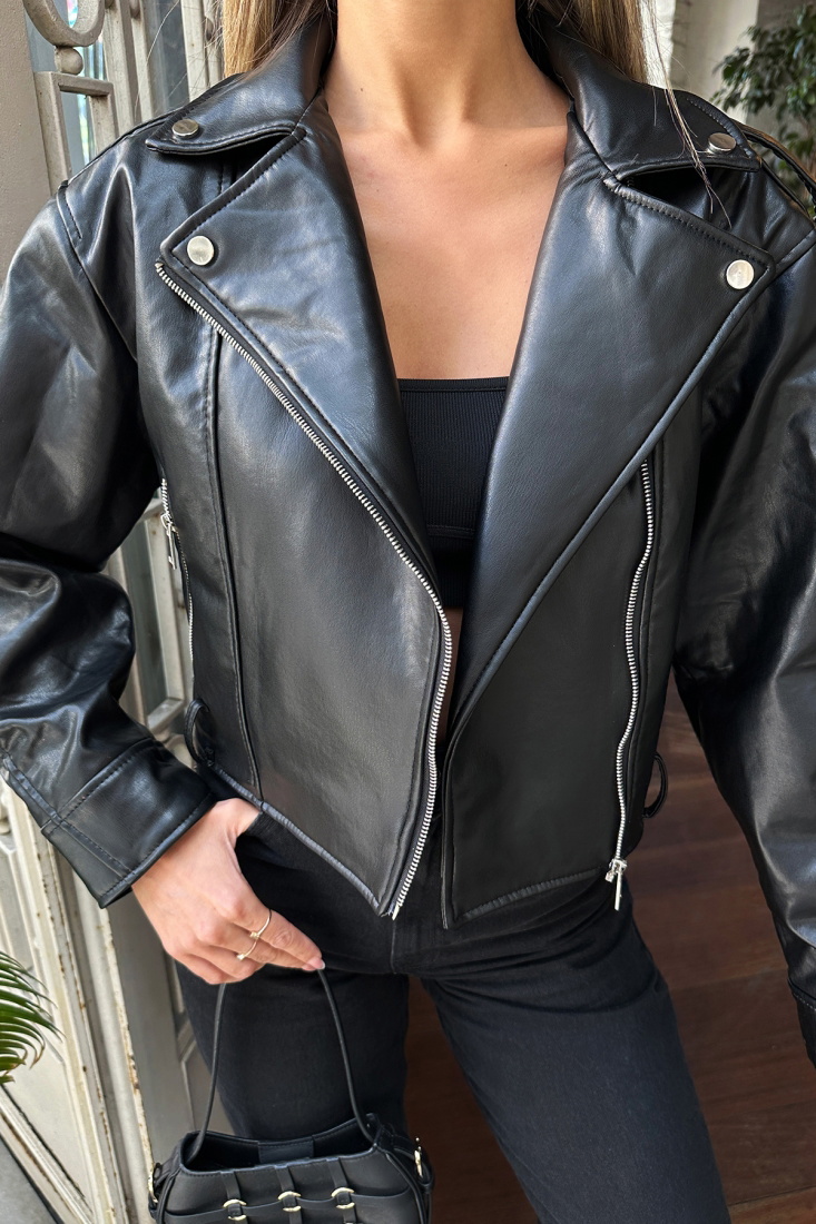 Black Zipper Detail Leather Jacket ATE6808 - DEPPOT