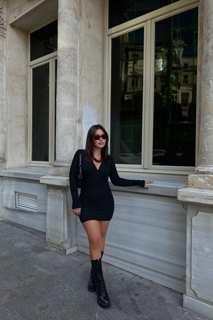 Black Zippered Mini Dress ATE2238 - EYYO